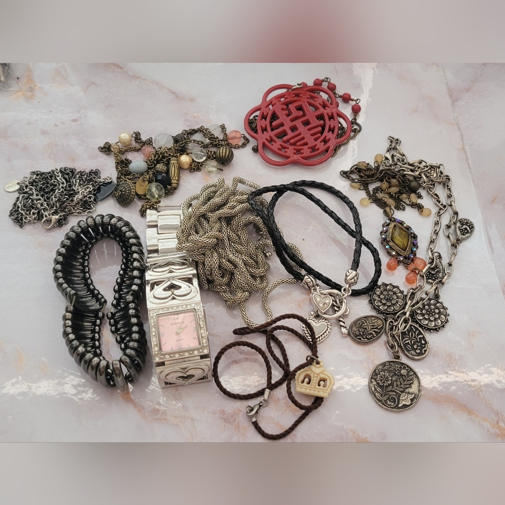 Mixed Jewelry Craft Lot Bracelets Necklaces Watch Silver Tone Boho Hearts As-Is